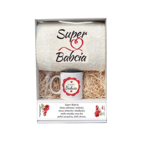 Zestaw prezentowy z szarym ręcznikiem "Super babcia" i kubkiem "Super babcia" w ozdobnym opakowaniu Zestaw prezentowy z szarym ręcznikiem "Super babcia" i kubkiem "Super babcia" w ozdobnym opakowaniu