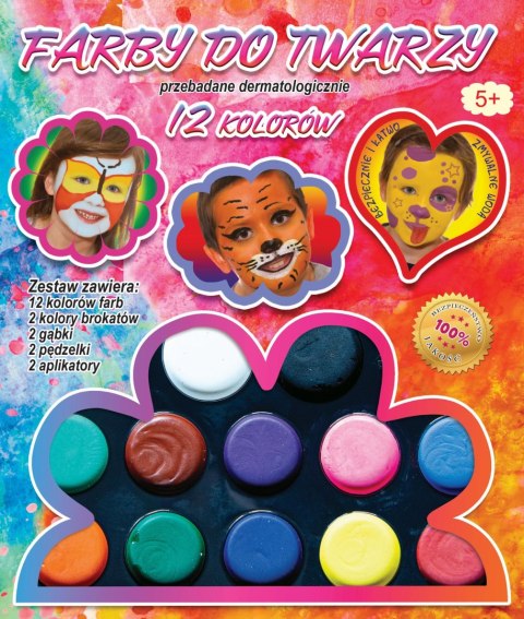 Fabry do malowania twarzy, 12 kolorów + brokat + gąbka + pędziel FA012 Fabry do malowania twarzy, 12 kolorów + brokat + gąbka + pędziel FA012