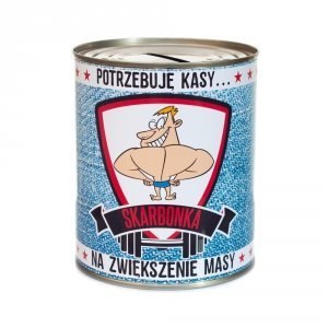 Skarbonka metalowa puszka z napisem "Potrzebuje kasy.. na zwiększenie masy" Skarbonka metalowa puszka z napisem "Potrzebuje kasy.. na zwiększenie masy"