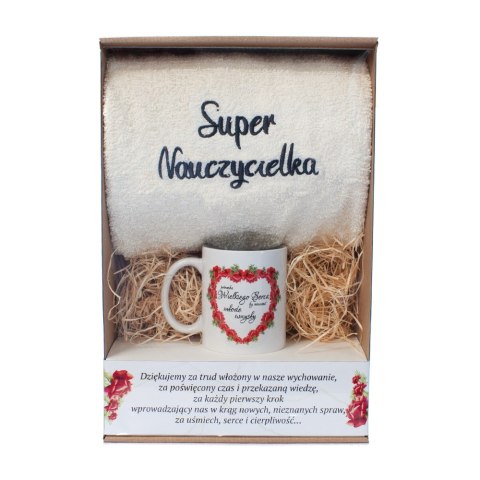 Zestaw prezentowy ręcznik i kubek "Super Nauczycielka" Zestaw prezentowy ręcznik i kubek "Super Nauczycielka"