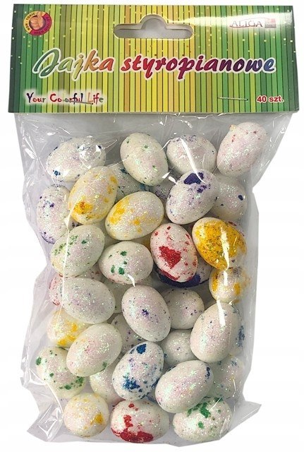 Jajka styropianowe nakrapiane - brokatowe 2,5 cm, 40 szt. Jajka styropianowe nakrapiane - brokatowe 2,5 cm, 40 szt.