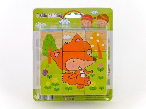 Układanka drewniana 10x10cm kwadratowe kostki 3,5x3,5cm z obrazkami zwierząt, 4 różne obrazki Układanka drewniana 10x10cm kwadratowe kostki 3,5x3,5cm z obrazkami zwierząt, 4 różne obrazki