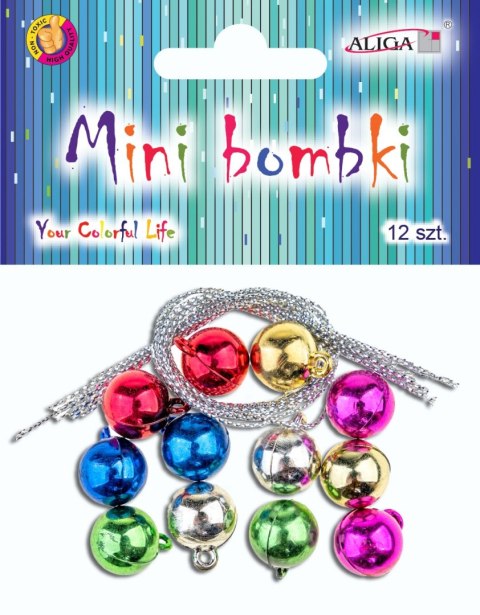 Mini bombki rozm. 12mm op. 12szt. + 12 sznureczków o dł. 15cm BOM-4665 Mini bombki rozm. 12mm op. 12szt. + 12 sznureczków o dł. 15cm BOM-4665