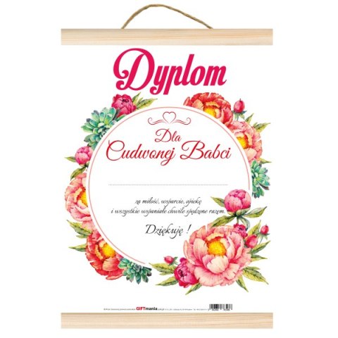 Dyplom A4 z drewnianymi listewkami "Dla Cudownej Babci" Dyplom A4 z drewnianymi listewkami "Dla Cudownej Babci"