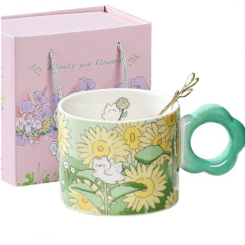 Kwiatowy Kubek z łyżeczką 280 ml + Pudełko na Prezent KB01ZIE Kwiatowy Kubek z łyżeczką 280 ml + Pudełko na Prezent KB01ZIE