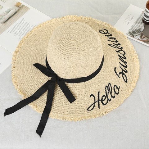 Stylowy kapelusz damski plażowy słomkowy HELLO SUNSHINE kokarda CZ47 Stylowy kapelusz damski plażowy słomkowy HELLO SUNSHINE kokarda CZ47