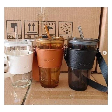 Kubek z kolorowego szkła na Kawę Herbatę ze słomką i zamknięciem 450 ML CUP09BR Kubek z kolorowego szkła na Kawę Herbatę ze słomką i zamknięciem 450 ML CUP09BR
