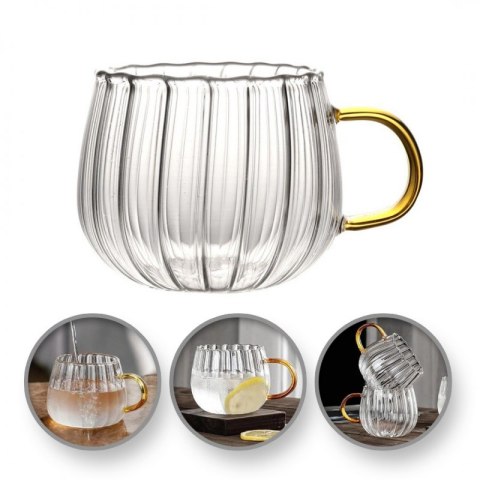 Filiżanka szklanka z falowanymi ściankami ze złotych uchem 350 ml 1szt SZK84 Filiżanka szklanka z falowanymi ściankami ze złotych uchem 350 ml 1szt SZK84
