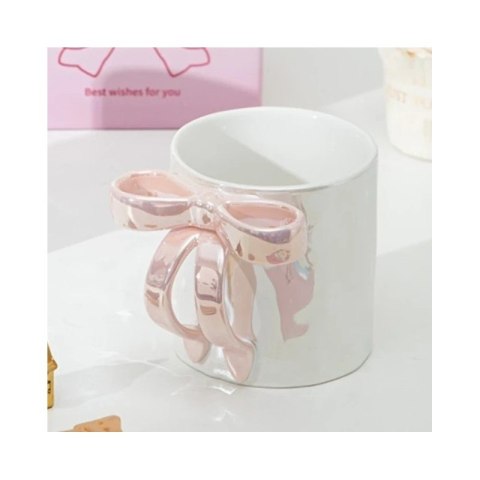 Kubek ceramiczny biały perłowy z różową kokardą 350ml 1szt CUP23 Kubek ceramiczny biały perłowy z różową kokardą 350ml 1szt CUP23