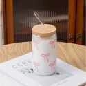 Szklanka, różowe kokardki - z rurką i bambusową pokrywką 500 ml - SZK131
