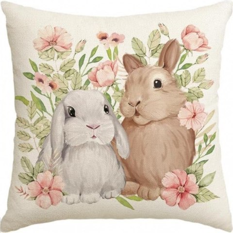 Lniana poszewka na poduszkę 45 x 45 cm motyw wiosenny Króliczek POD223 Lniana poszewka na poduszkę 45 x 45 cm motyw wiosenny Króliczek POD223