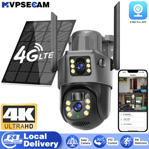 4G SIM Card Solar Camera Dual Lens Outdoor 8MP 4K Low Power Battery IP Camera PIR Detection V380 Pro CCTV Security Protection