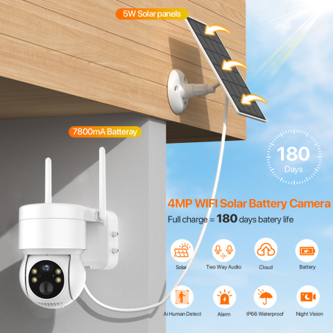 Wbudowana bateria WiFi kamera PTZ 4MP HD zewnętrzna bezprzewodowa kamera IP na energię słoneczną 1080P kamera monitorująca wideo długi czas czuwania iCSee Wbudowana bateria WiFi kamera PTZ 4MP HD zewnętrzna bezprzewodowa kamera IP na energię słoneczną 1080P kamera monitorująca wideo długi czas czuwania iCSee