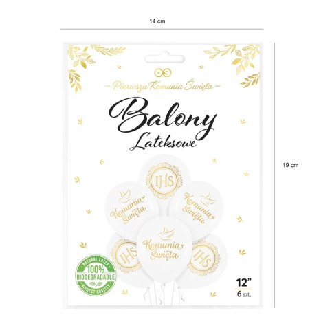 Balony komunijne biodegradowalne Komunia Święta IHS biało-złote 12cali 6szt. 127599 Balony komunijne biodegradowalne Komunia Święta IHS biało-złote 12cali 6szt. 127599