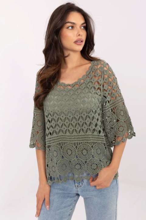Bluzka Model MI-BZ-9007.77 Khaki - Italy Moda Bluzka Model MI-BZ-9007.77 Khaki - Italy Moda