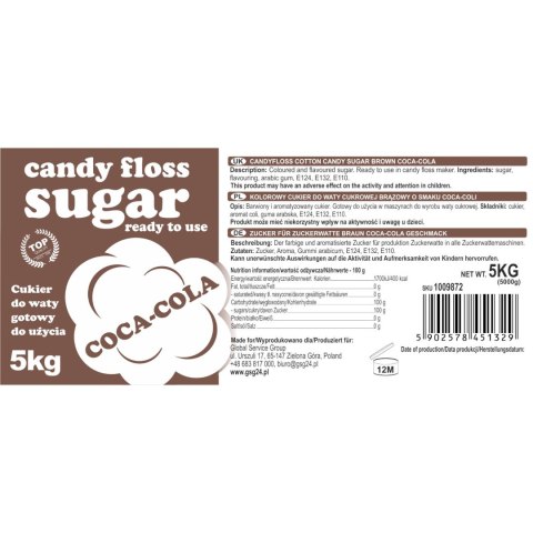 Kolorowy smakowy cukier do waty cukrowej brązowy o smaku coca coli 5kg Kolorowy smakowy cukier do waty cukrowej brązowy o smaku coca coli 5kg