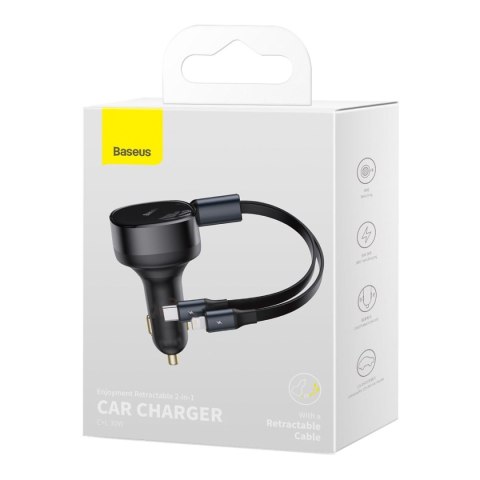 Ładowarka samochodowa 2w1 USB-C + iPhone Lightning zwijany przewód 75cm 30W - czarny Ładowarka samochodowa 2w1 USB-C + iPhone Lightning zwijany przewód 75cm 30W - czarny