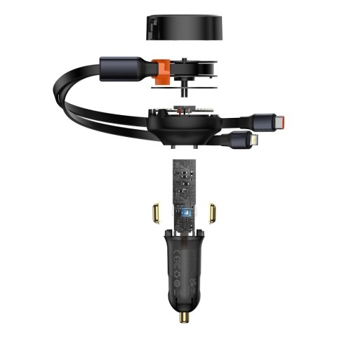 Ładowarka samochodowa 2w1 USB-C + iPhone Lightning zwijany przewód 75cm 30W - czarny Ładowarka samochodowa 2w1 USB-C + iPhone Lightning zwijany przewód 75cm 30W - czarny
