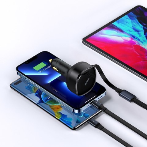 Ładowarka samochodowa 2w1 USB-C + iPhone Lightning zwijany przewód 75cm 30W - czarny Ładowarka samochodowa 2w1 USB-C + iPhone Lightning zwijany przewód 75cm 30W - czarny
