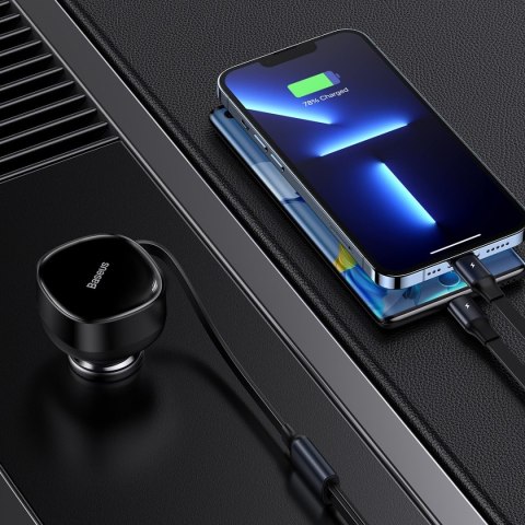 Ładowarka samochodowa 2w1 USB-C + iPhone Lightning zwijany przewód 75cm 30W - czarny Ładowarka samochodowa 2w1 USB-C + iPhone Lightning zwijany przewód 75cm 30W - czarny