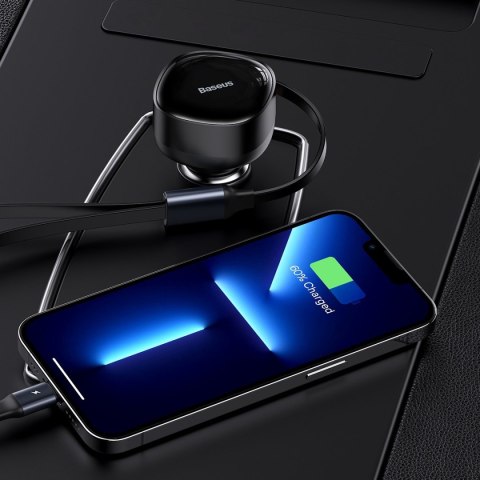 Ładowarka samochodowa 2w1 USB-C + iPhone Lightning zwijany przewód 75cm 30W - czarny Ładowarka samochodowa 2w1 USB-C + iPhone Lightning zwijany przewód 75cm 30W - czarny