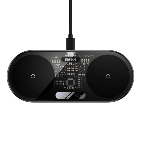 Podwójna ładowarka bezprzewodowa QI z wyświetlaczem USB-C 20W - czarny Podwójna ładowarka bezprzewodowa QI z wyświetlaczem USB-C 20W - czarny