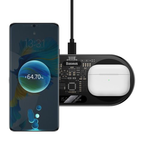 Podwójna ładowarka bezprzewodowa QI z wyświetlaczem USB-C 20W - czarny Podwójna ładowarka bezprzewodowa QI z wyświetlaczem USB-C 20W - czarny