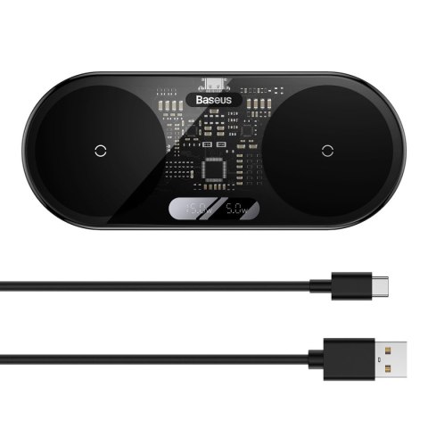 Podwójna ładowarka bezprzewodowa QI z wyświetlaczem USB-C 20W - czarny Podwójna ładowarka bezprzewodowa QI z wyświetlaczem USB-C 20W - czarny