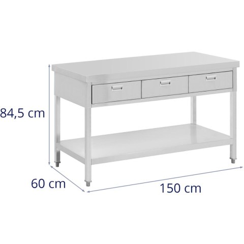 Stół blat roboczy gastronomiczny stalowy z półką szufladami 150 x 60 cm do 295 kg Stół blat roboczy gastronomiczny stalowy z półką szufladami 150 x 60 cm do 295 kg