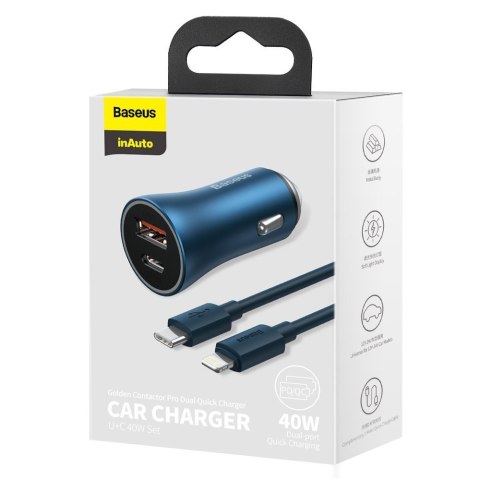 Szybka ładowarka samochodowa 40W PD QC USB-C / USB + kabel do iPhone niebieski Szybka ładowarka samochodowa 40W PD QC USB-C / USB + kabel do iPhone niebieski