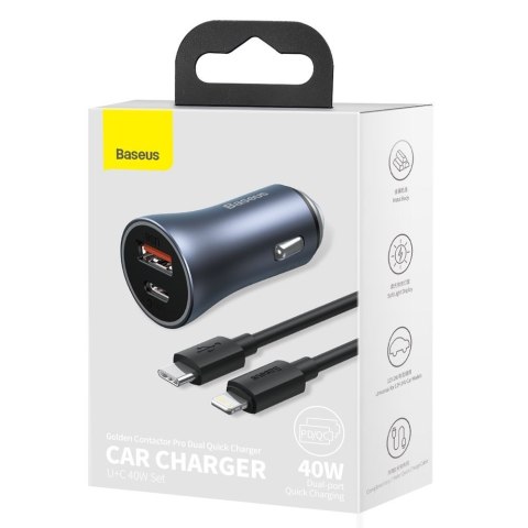 Szybka ładowarka samochodowa USB-C USB 40W PD QC SCP FCP AFC + kabel USB-C - Lightning szary Szybka ładowarka samochodowa USB-C USB 40W PD QC SCP FCP AFC + kabel USB-C - Lightning szary