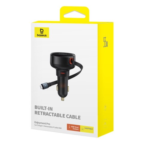 Ładowarka samochodowa ze zwijanym kalblem do iPhone Lightning USB-C 60W czarna Ładowarka samochodowa ze zwijanym kalblem do iPhone Lightning USB-C 60W czarna
