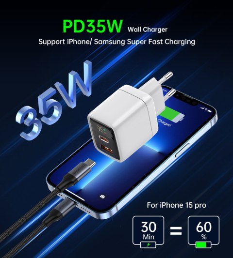 Mała mocna ładowarka sieciowa GaN USB-A USB-C PD 35W z wyświetlaczem biała Mała mocna ładowarka sieciowa GaN USB-A USB-C PD 35W z wyświetlaczem biała