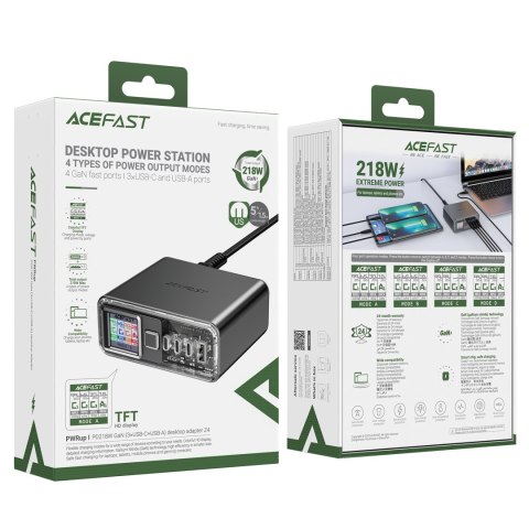 Stacja zasilania ładowarka PD 218W GaN z 4 portami 3x USB-C + USB-A szary Stacja zasilania ładowarka PD 218W GaN z 4 portami 3x USB-C + USB-A szary