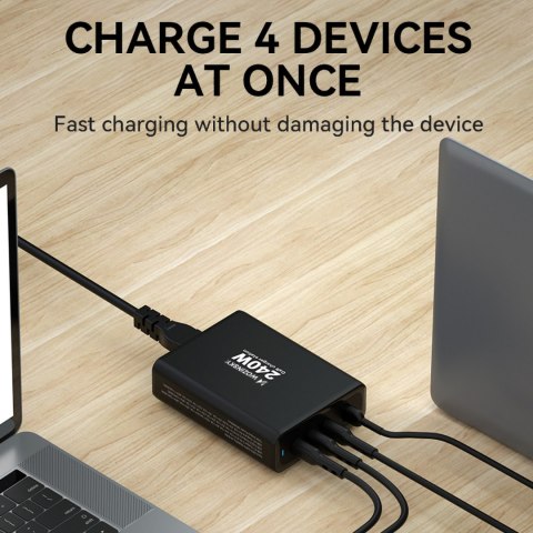 Ładowarka sieciowa GaN 240W USB-A 3x USB-C czarna Ładowarka sieciowa GaN 240W USB-A 3x USB-C czarna