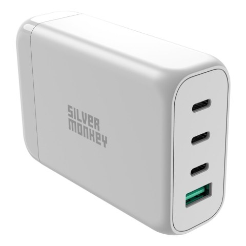 Ładowarka sieciowa GaN 130W z kablem zasilającym 3xUSB-C PD USB-A QC 3.0 biała Ładowarka sieciowa GaN 130W z kablem zasilającym 3xUSB-C PD USB-A QC 3.0 biała