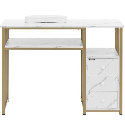 Biurko kosmetyczne do manicure z podpórka na dłonie 3 szuflady 110 x 46 cm - marmur złoto Biurko kosmetyczne do manicure z podpórka na dłonie 3 szuflady 110 x 46 cm - marmur złoto