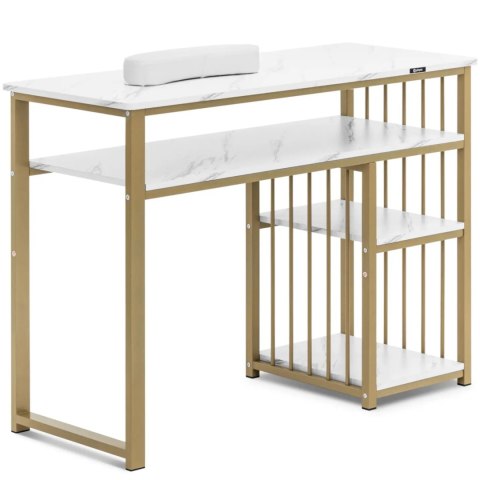 Biurko kosmetyczne do manicure z podpórką na dłonie metalowe 110 x 46 cm - marmur złoto Biurko kosmetyczne do manicure z podpórką na dłonie metalowe 110 x 46 cm - marmur złoto