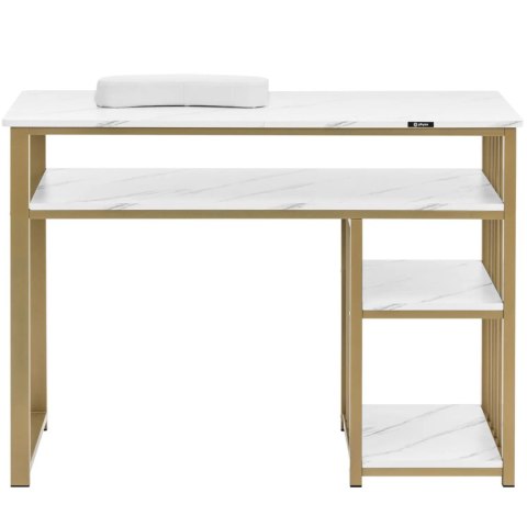 Biurko kosmetyczne do manicure z podpórką na dłonie metalowe 110 x 46 cm - marmur złoto Biurko kosmetyczne do manicure z podpórką na dłonie metalowe 110 x 46 cm - marmur złoto