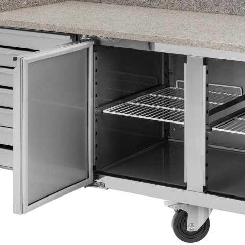 Stół chłodniczy do pizzy 2 komory 7 szuflad na kółkach 390 l 202 x 80 x 100 cm Stół chłodniczy do pizzy 2 komory 7 szuflad na kółkach 390 l 202 x 80 x 100 cm