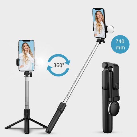 Selfie stick teleskopowy z pilotem + lampka LED stojak tripod na telefon 0.71m - czarny Selfie stick teleskopowy z pilotem + lampka LED stojak tripod na telefon 0.71m - czarny