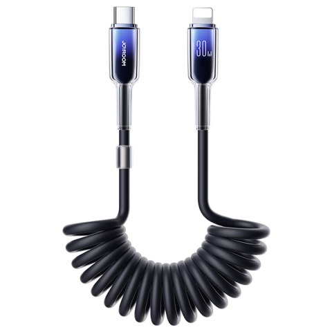 Kabel przewód spiralny USB-C - iPhone Lightning Crystal-Clear Series 30W 1.5m - czarny Kabel przewód spiralny USB-C - iPhone Lightning Crystal-Clear Series 30W 1.5m - czarny