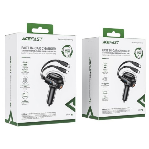 Ładowarka samochodowa B13 53W USB-A + 2 kable rozwijane USB-C - czarna Ładowarka samochodowa B13 53W USB-A + 2 kable rozwijane USB-C - czarna