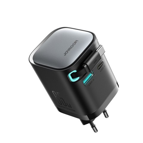 Ładowarka sieciowa GaN 65W USB-A USB-C z wbudowanym kablem USB-C - czarna Ładowarka sieciowa GaN 65W USB-A USB-C z wbudowanym kablem USB-C - czarna