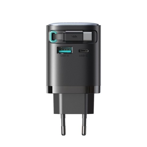 Ładowarka sieciowa GaN 65W USB-A USB-C z wbudowanym kablem USB-C - czarna Ładowarka sieciowa GaN 65W USB-A USB-C z wbudowanym kablem USB-C - czarna