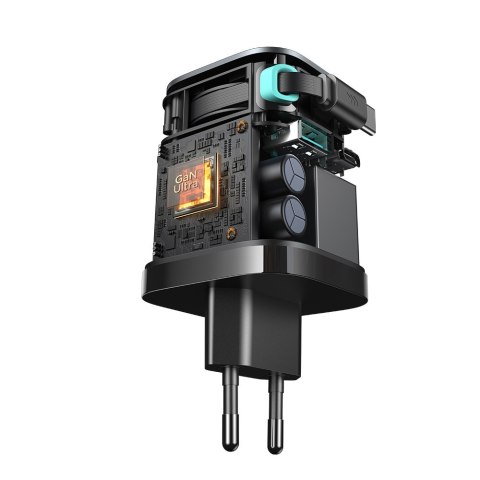 Ładowarka sieciowa GaN 65W USB-A USB-C z wbudowanym kablem USB-C - czarna Ładowarka sieciowa GaN 65W USB-A USB-C z wbudowanym kablem USB-C - czarna