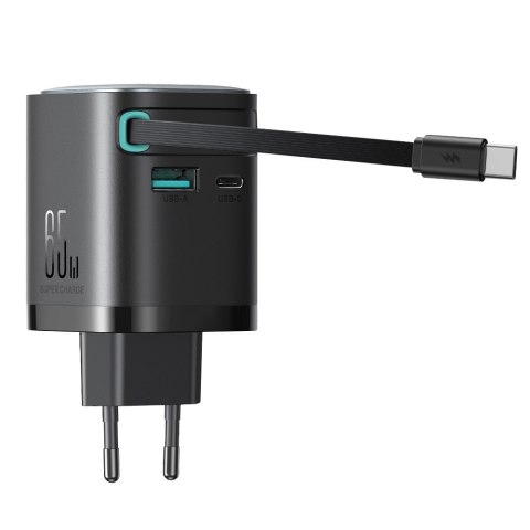 Ładowarka sieciowa GaN 65W USB-A USB-C z wbudowanym kablem USB-C - czarna Ładowarka sieciowa GaN 65W USB-A USB-C z wbudowanym kablem USB-C - czarna