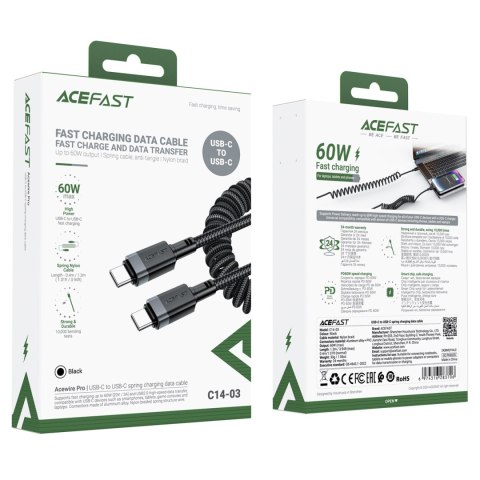 Kabel przewód spiralny USB-C - USB-C 480Mb/s 3A 1.2m - czarny Kabel przewód spiralny USB-C - USB-C 480Mb/s 3A 1.2m - czarny