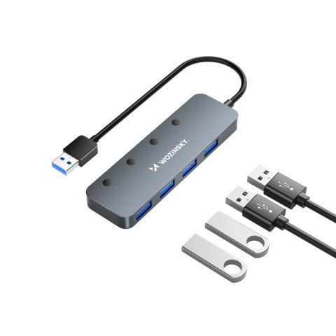 Hub rozdzielacz 4x USB-A z włącznikami aluminiowy - szary Hub rozdzielacz 4x USB-A z włącznikami aluminiowy - szary