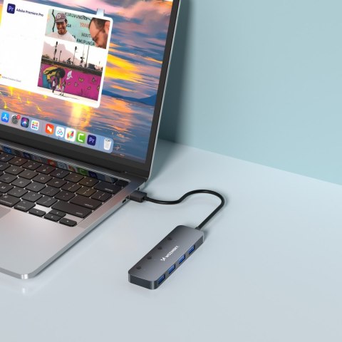 Hub rozdzielacz 4x USB-A z włącznikami aluminiowy - szary Hub rozdzielacz 4x USB-A z włącznikami aluminiowy - szary